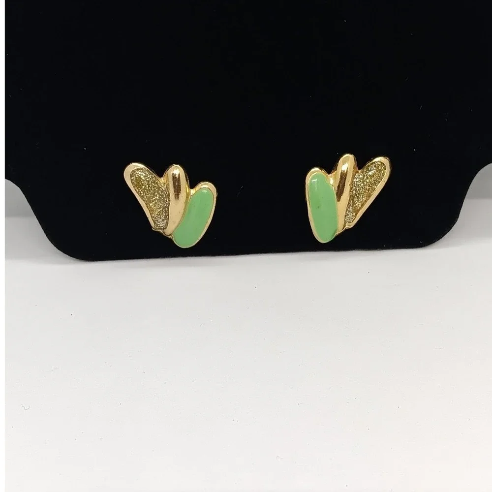 Asymmetrical Silver Green Enamel Gold Tone Layered Wing Stud Earrings #21